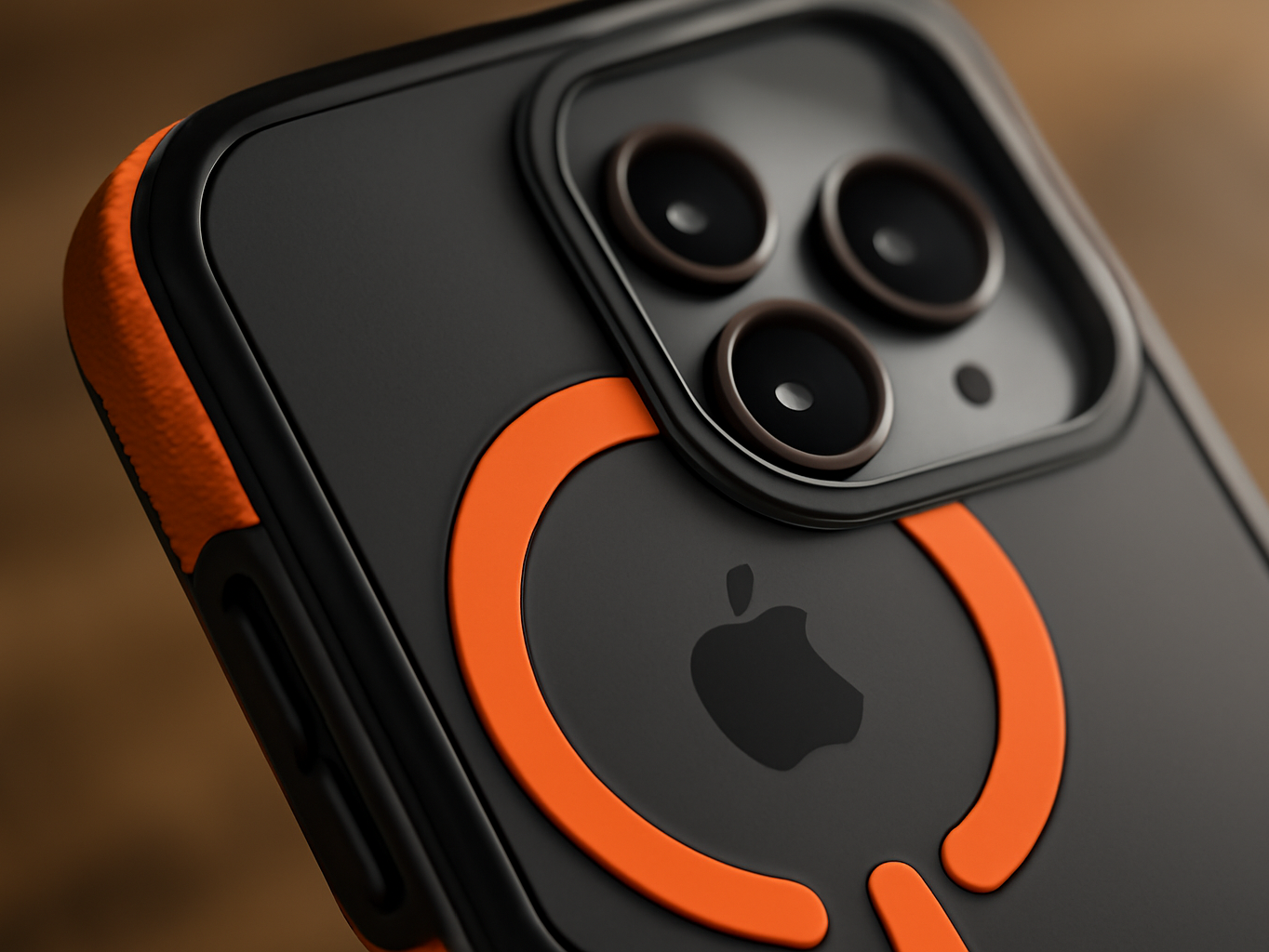 Close-up of orange iPhone 17 Pro Max case corner showing magnetic metal ring detail