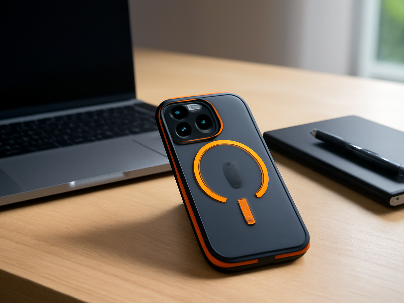 Orange iPhone 17 Pro Max shockproof case displayed on a desk workspace with laptop and stationery