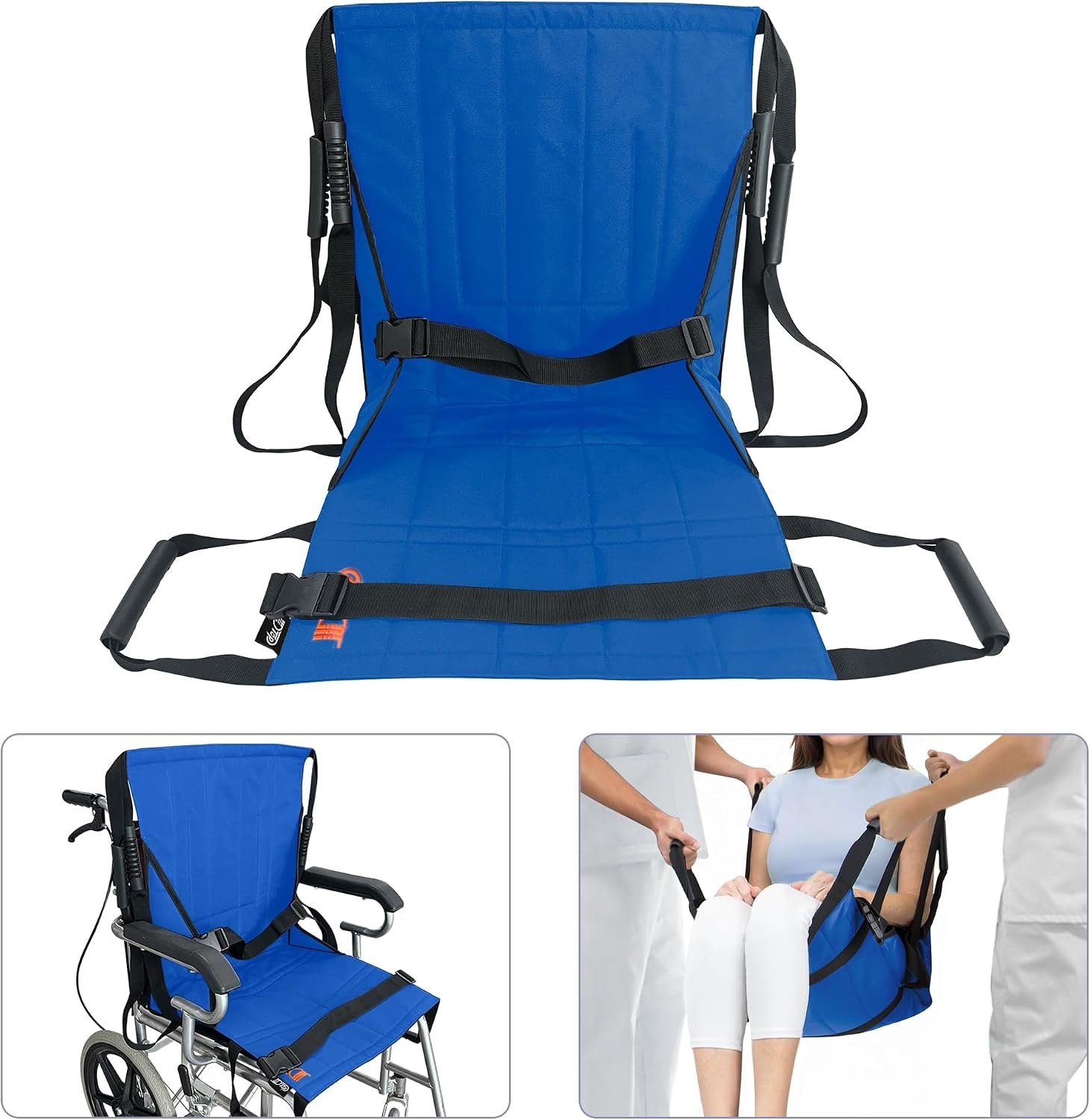 Bedroom scene with blue wheelchair transfer pad positioned on edge of hospital bed near window
