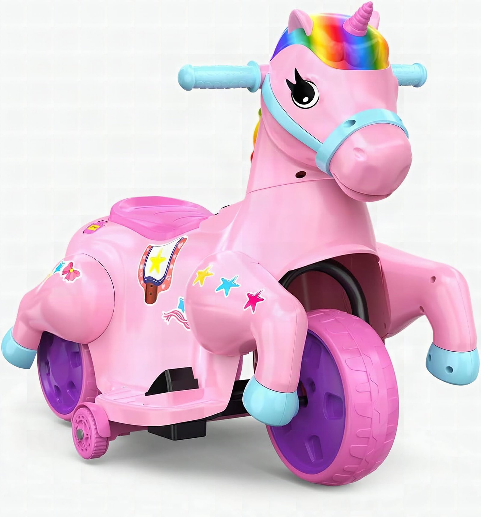 Close-up of pink unicorn ride-on toy's head showing glittery mane and horn detail