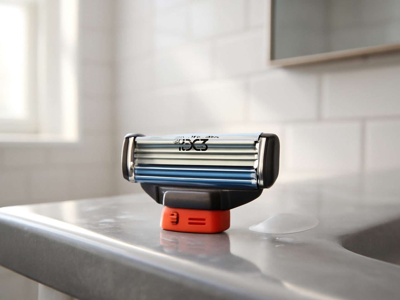 Single razor blade cartridge on a bathroom sink ledge with water droplets and soap, wide room view