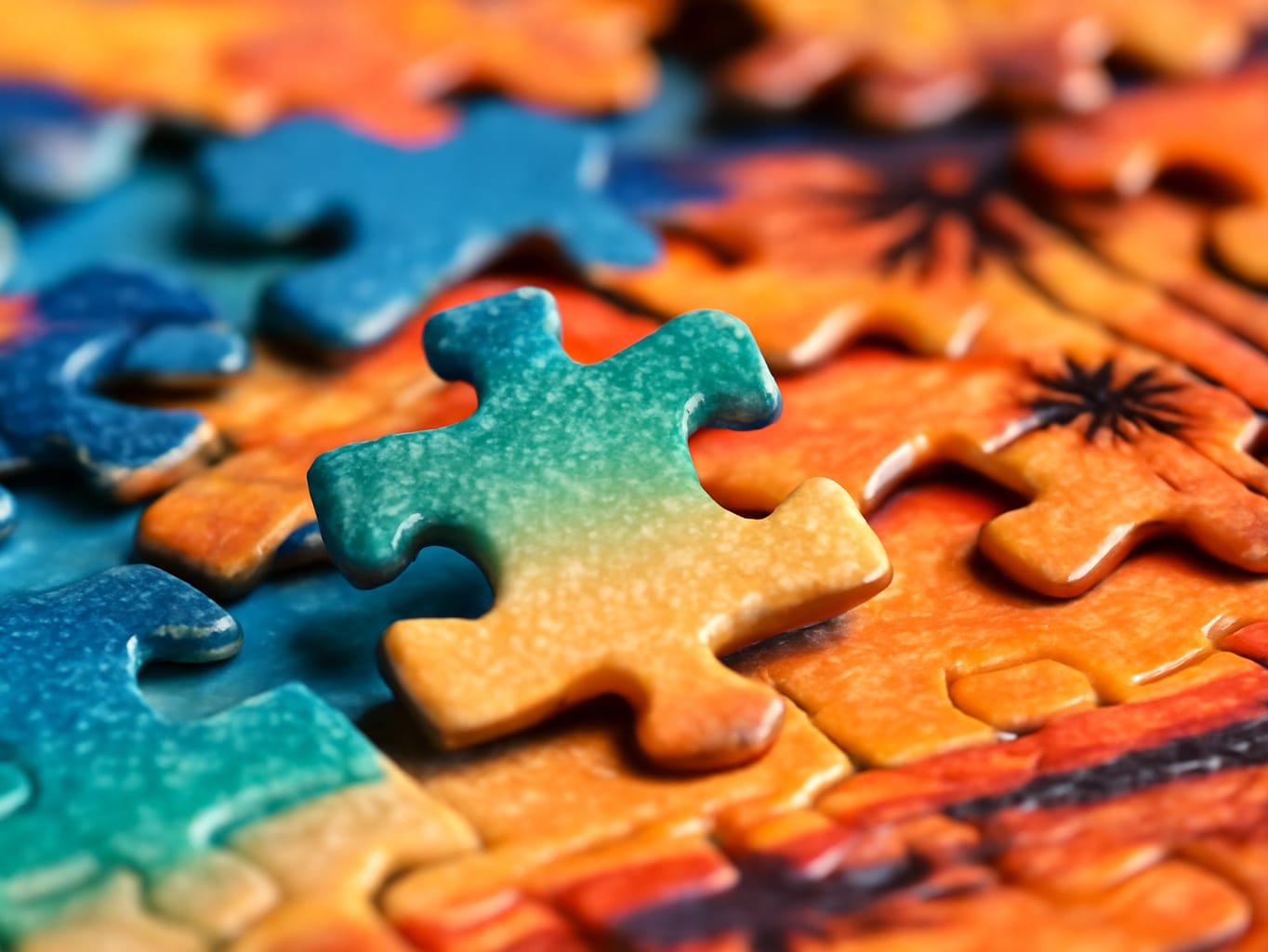 Macro close-up of colorful 1000-piece puzzle pieces featuring tropical beach and reef tones in sharp focus