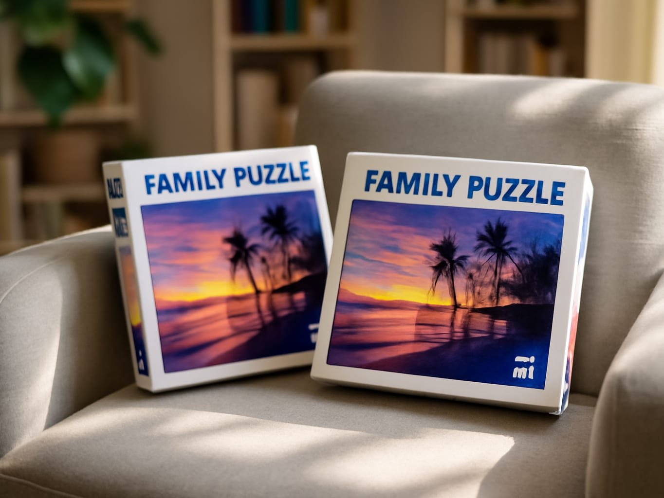 Two 1000-piece puzzle boxes displayed on an armchair in a sunlit living room with home decor visible