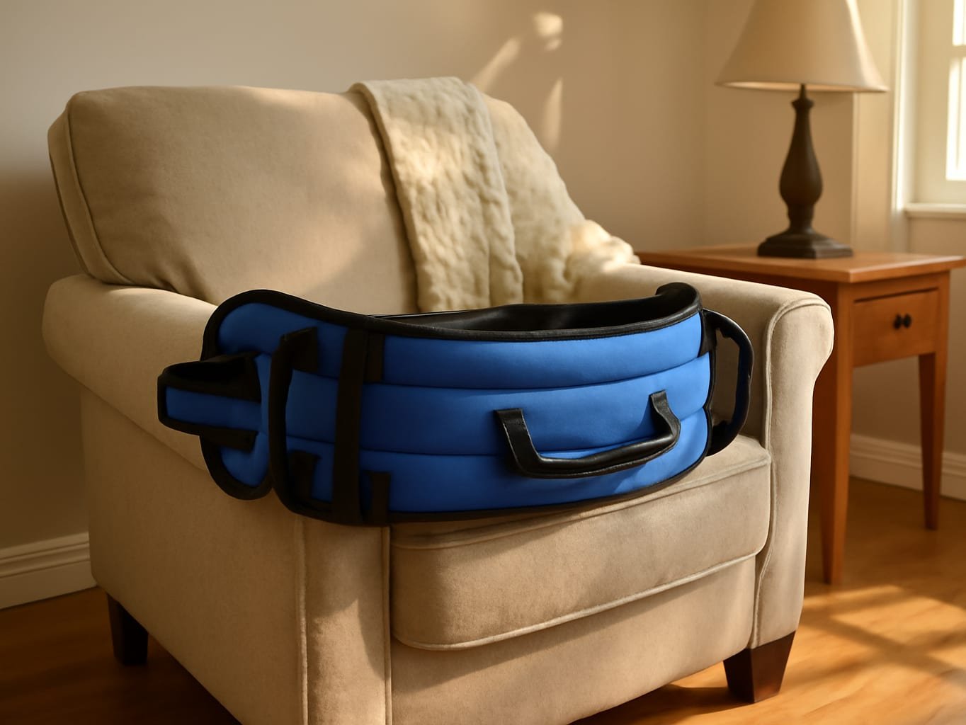 Gait belt draped on an armchair in a home care setting, displaying the device in a real room environment