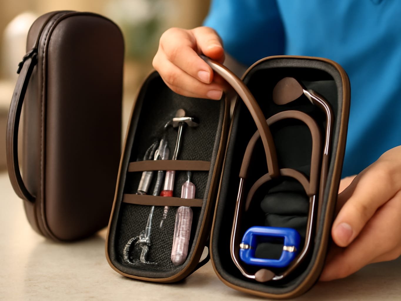 Is the BOVKE Case Worth It? Stethoscope Protection on the Go!: Nurse in scrubs placing a stethoscope into an open black