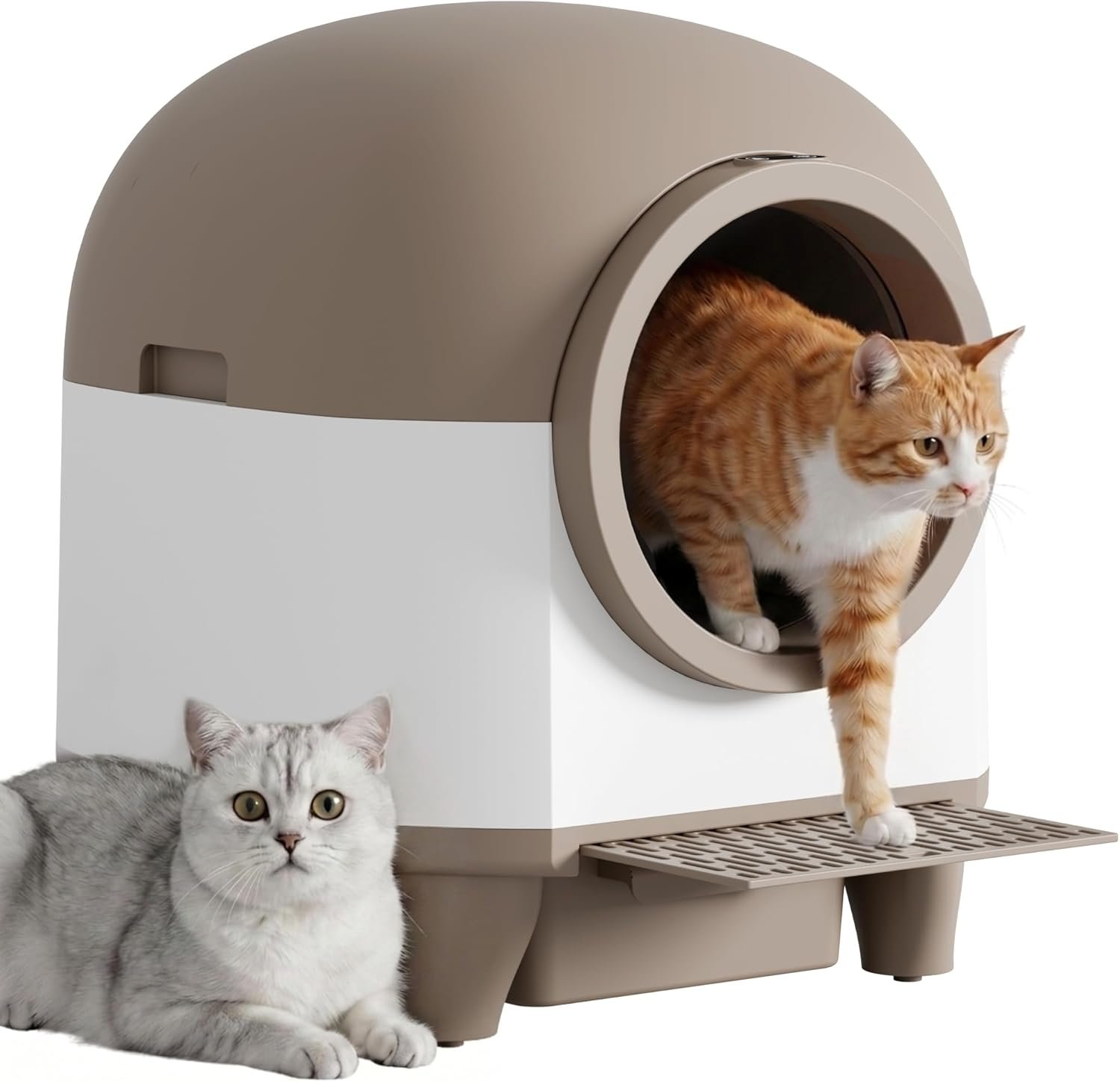 Greesum enclosed litter box in a corner of a bright living room with hardwood flooring and natural window light