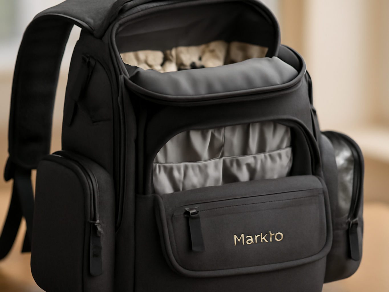 Mancro diaper bag backpack with pockets open and organized, close-up view