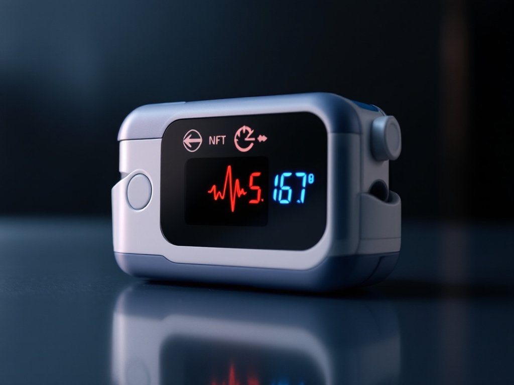 Pulse oximeter's glowing display and sensor pad in extreme close-up detail