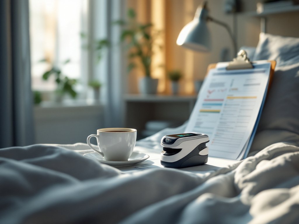 Pulse oximeter on a hospital nightstand among coffee cup and medical paperwork