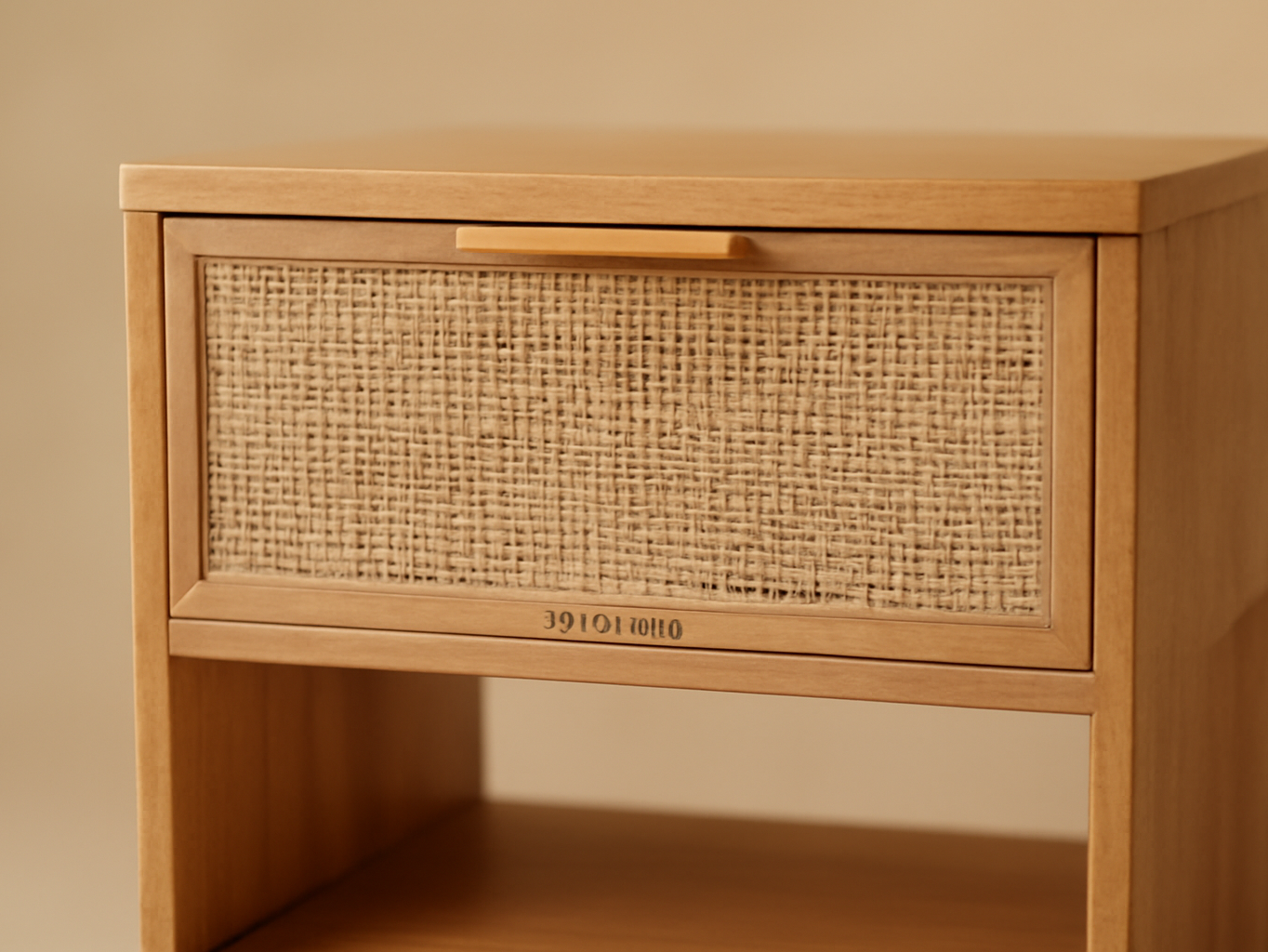 Macro detail of rattan nightstand drawer and woven side panel with shallow depth of field