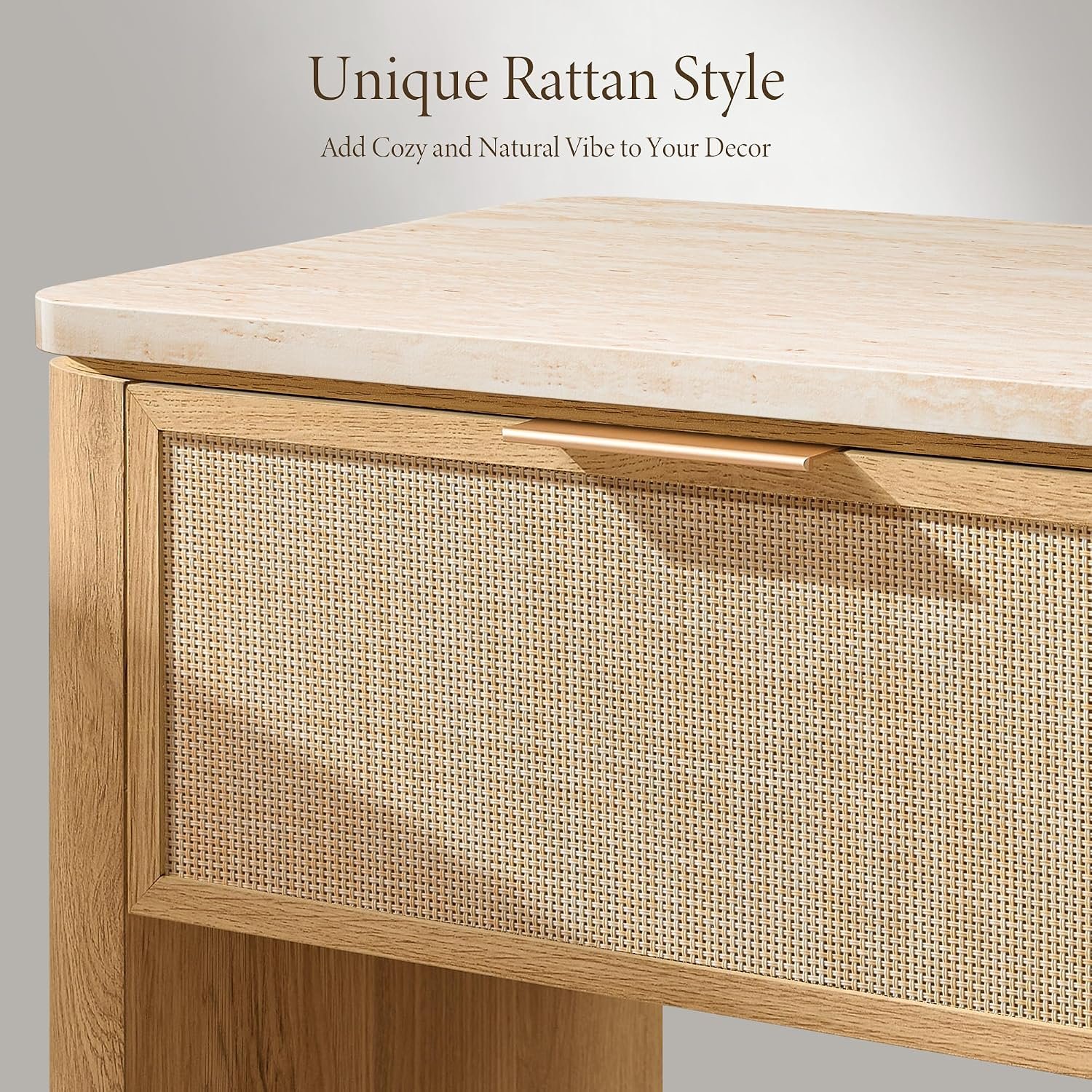 Rattan nightstand set placed beside a bed in a bedroom with morning light and home decor