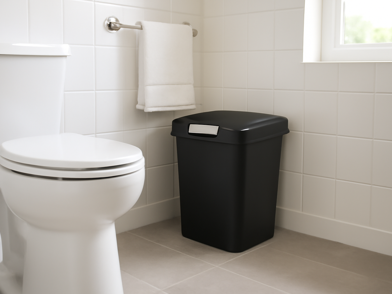 Sterilite TouchTop wastebasket placed in a bathroom corner next to toilet and towel rack