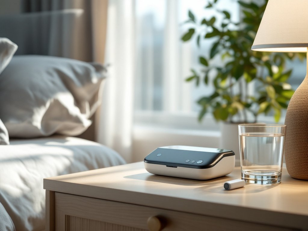 TENS 7000 with pads and battery displayed on a bedroom nightstand in afternoon light