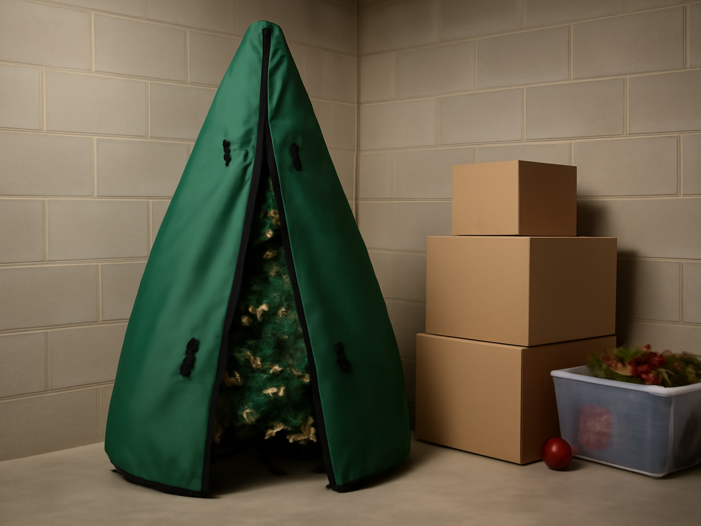 Storage bag positioned upright in a basement storage area among other holiday items and boxes