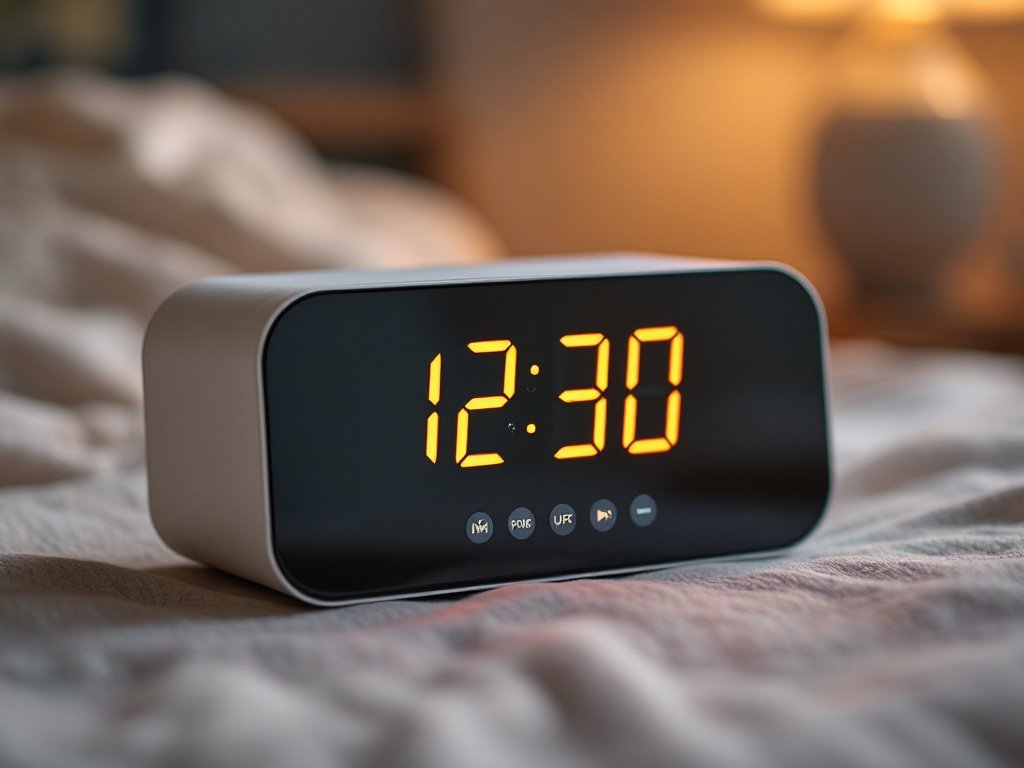 Close-up of Vivilumens alarm clock display with glowing digital numbers and control buttons