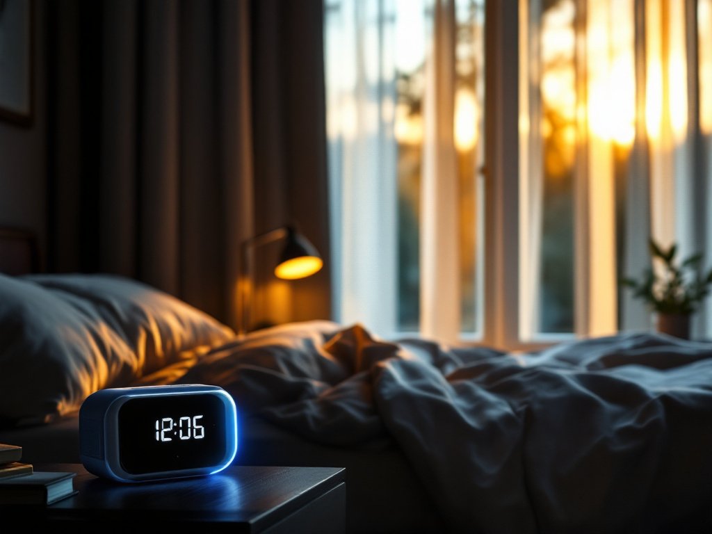 Vivilumens alarm clock on a nightstand beside a lamp in a softly lit bedroom at sunrise
